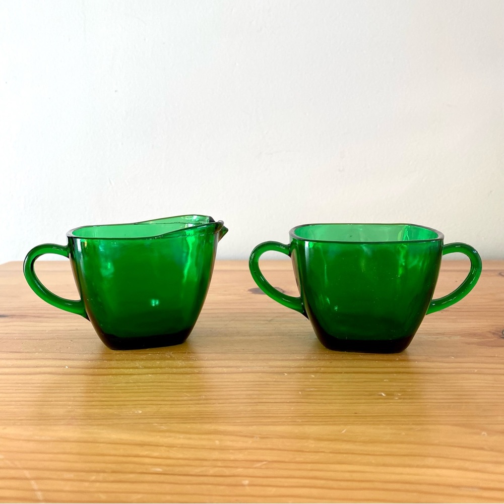 Antique Depression Glass Anchor Hocking Charm Forest Green Creamer Sugar Set